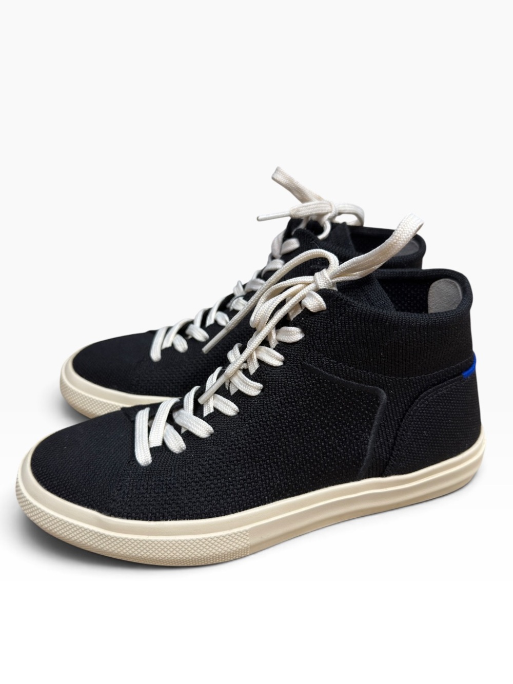 Rothy’s The High Top Black Knit Sneaker White Lace Blue Accent Women’s Size 7 US